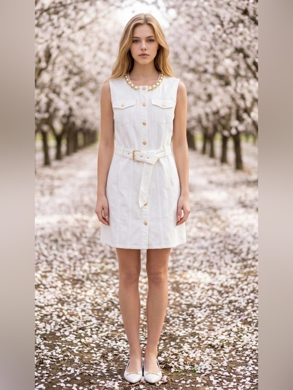 Michael Kors White Sleeveless Button Shirt Dress with Belt